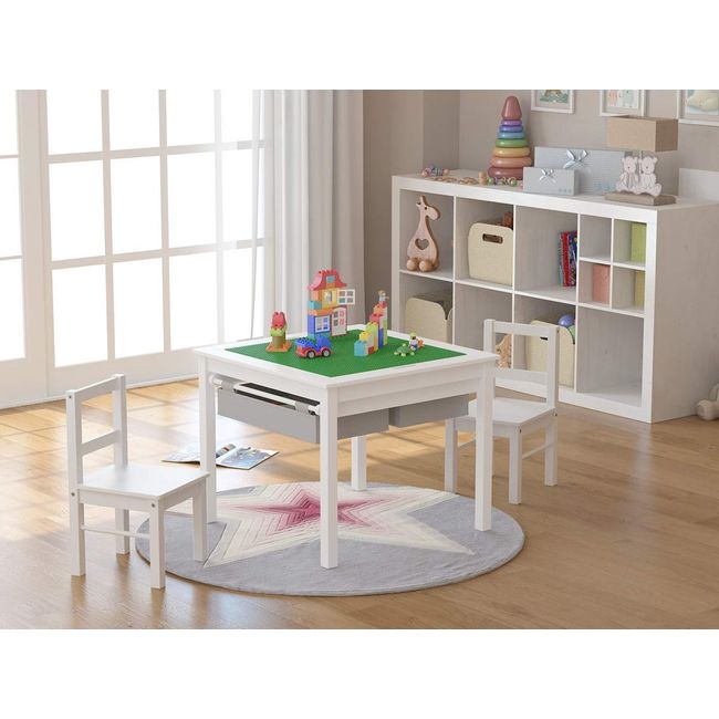 UTEX Wooden 2 in 1 Kids Construction Play Table and 2 Chairs Set with Storage Drawers, and Built in Plate Compatible with Lego and Duplo Bricks (White with Grey Drawers)