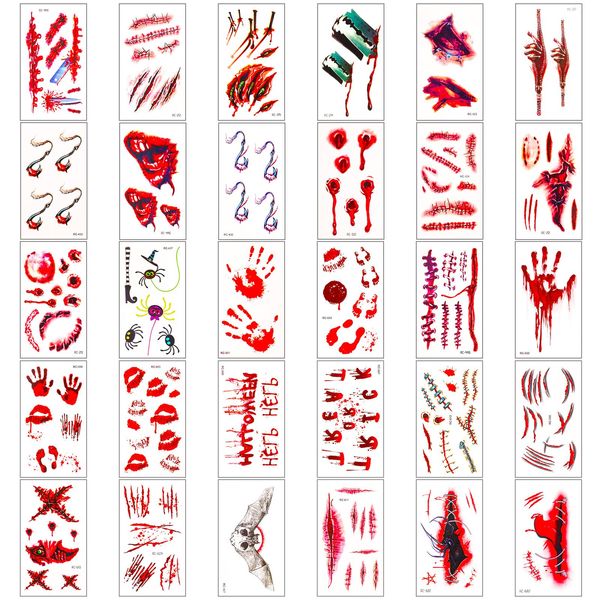 30 Sheets Halloween Tattoo Scars, 3D Scars Tattoo Temporary Halloween Makeup Kit Scary Face Wound Temporary Tattoos for Halloween Cosplay Party Makeup Props