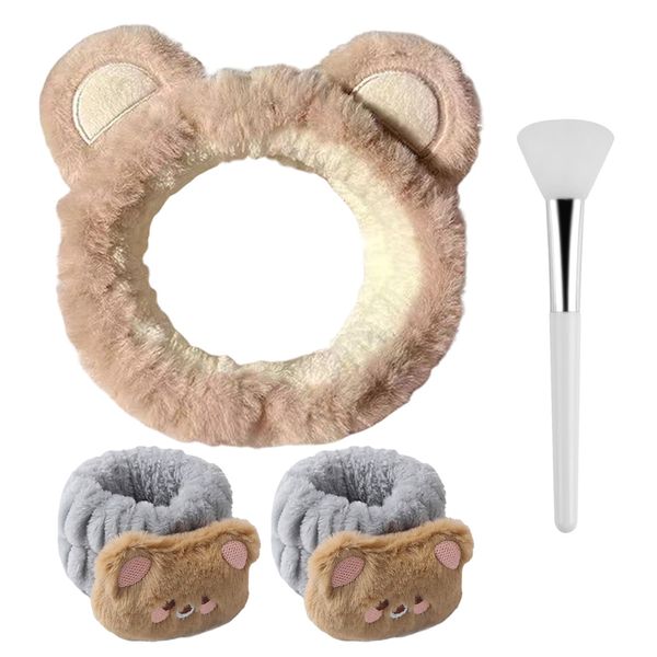 1Pc Makeup Headband, 2Pcs Wristband, 1Pc Mask Scraper, Skin Care Headband, Funny Headband, Bear Ear Headband Set