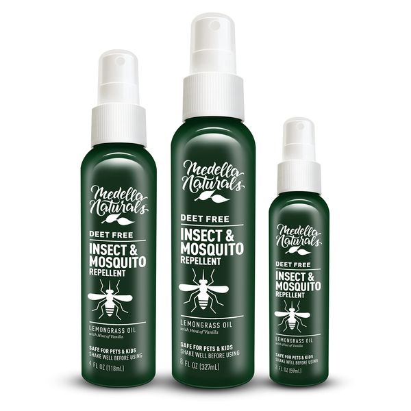 Medella Naturals Insect & Mosquito Repellent, DEET-Free Naturally Derived Formula, Kid and Pet Friendly, Made in The USA, Travel 3-Pack, 2 oz., 4 oz., and 8 oz. Bottles