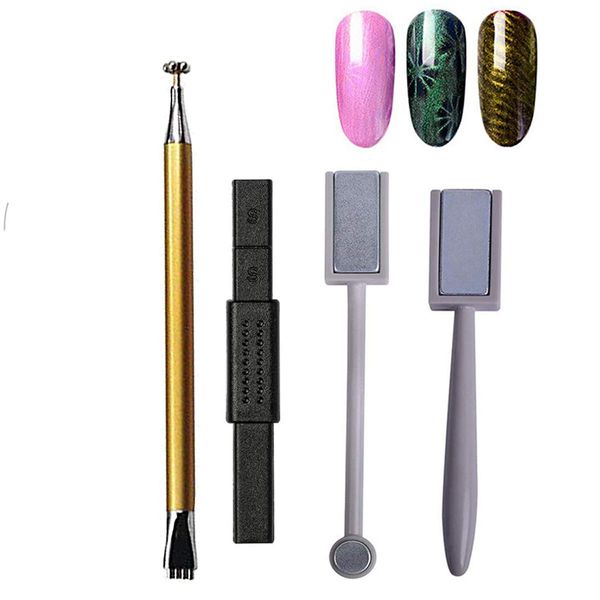 4Pcs Nail Magnet Tool Set, Mwoot Double Head Flower Design Nail Magnet Pen And Strong Magnet Stick Dotting pens For DIY 3D Magnetic Cat Eye UV Gel Polish Nail Art