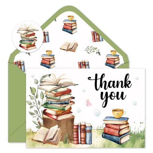 Whaline 24 Pack Storybook Thank You Cards A New Chapter Note Card with Envelopes Stickers Green Book Theme Greeting Blank Card for Birthday Baby Shower