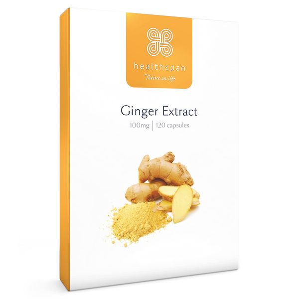 Healthspan Ginger Extract 100mg (4 Months' Supply) | Support Your Digestive Health | Equivalent to 12,000mg of Whole Ginger Root | Providing 20mg Gingerols | Easy to Swallow Capsules | Vegan