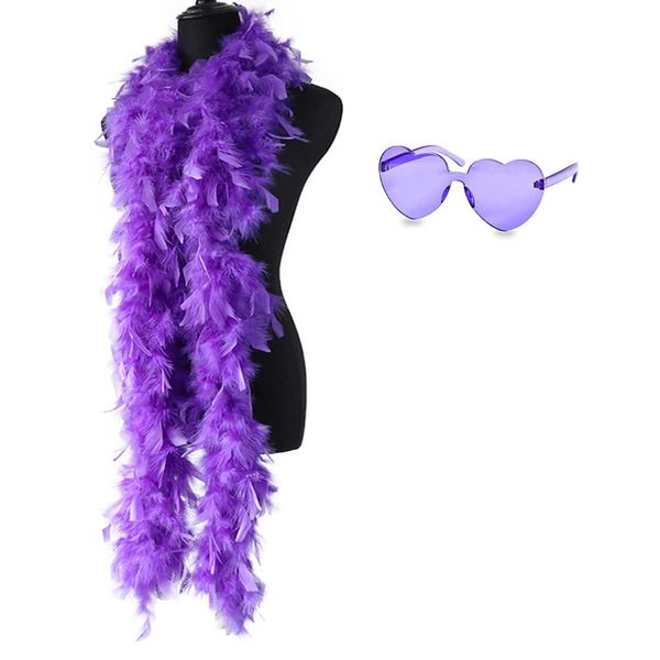 Purple Feather Boas with Heart Rimless Sunglasses, 6.6ft Feather Boa for Women Men, Feather Scarf Fancy Dress Craft DIY Accessories for Dancing Wedding Party Cosplay Halloween Pride Hen Do Stag Do