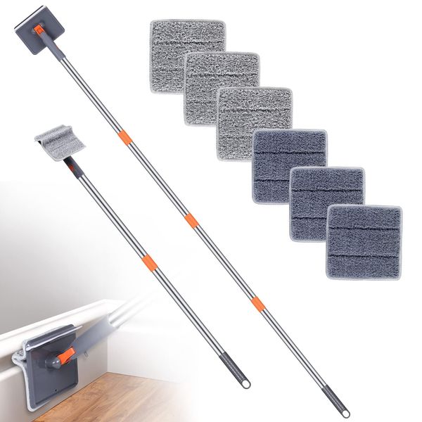 Baseboard Cleaner Tool with Long Handle - ROKOXIN Cleaning Tools Mop for Baseboard Molding Duster, Ceiling Wall Window Cleaner with 6 Reusable Microfiber Mop Pads