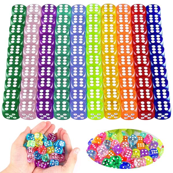 100 Pieces Dice Set 14mm 6 Sided Game Dice 10 Transparent Color Game Dice Acrylic Transparent Dice Set for Board Game, Math Game Party Favor, Family Party