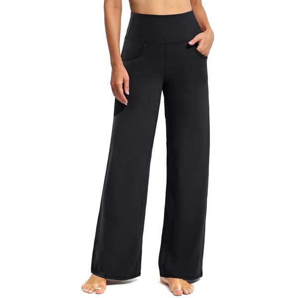 Promover Wide Leg Pants Woman Yoga Pants with Pockets Loose Casual Lounge Sweatpants for Sports Exercise(Black,L,30")