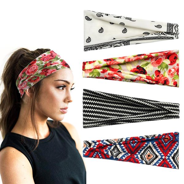 scicent Head Bands Adult Women 4 Pack Headbands for Women Vintage Headwraps Wide Turban Cross Knotted Girls Hair Bands Accessories - 3213