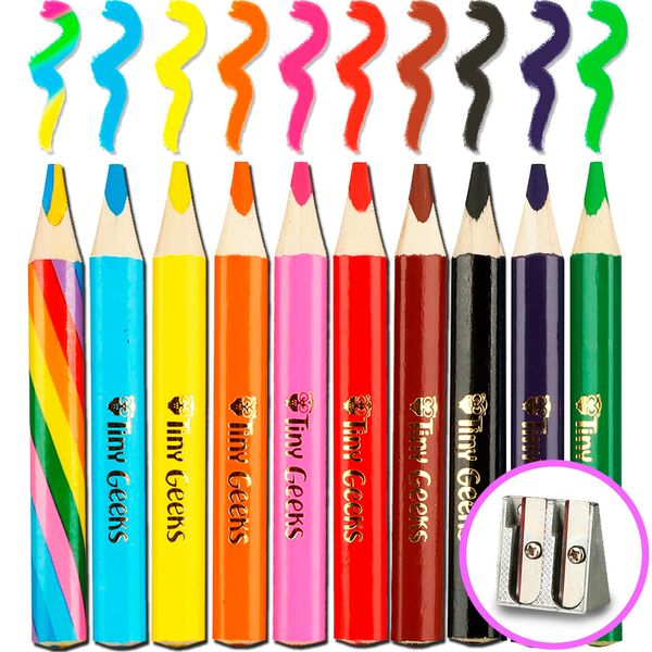 TinyGeeks Jumbo Pencils - NEW 2024-10 Triangle Short Colored Pencils for Kids and Rainbow Pencil + Sharpener - Perfect for Preschool, Toddlers and Beginners + Recommended by Teachers & Experts