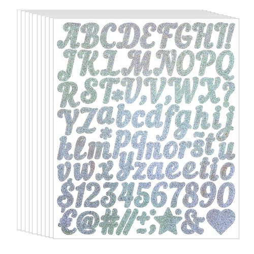 1 Inch Silver Letter Stickers, 10 Sheets 880 Pcs Glitter Alphabet Number Decals, Waterproof Self Adhesive Vinyl Letters for Gift Cards, Mailbox, Scrapbooking, Wedding, Birthday Party, Bulletin Board