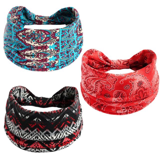 scicent Elastic Headbands for Women 3 Pieces Boho Head Band Turban Soft Flower Cotton Headbands for Women's Hair Everyday Yoga Sport Fitness Flower Headband - 4026