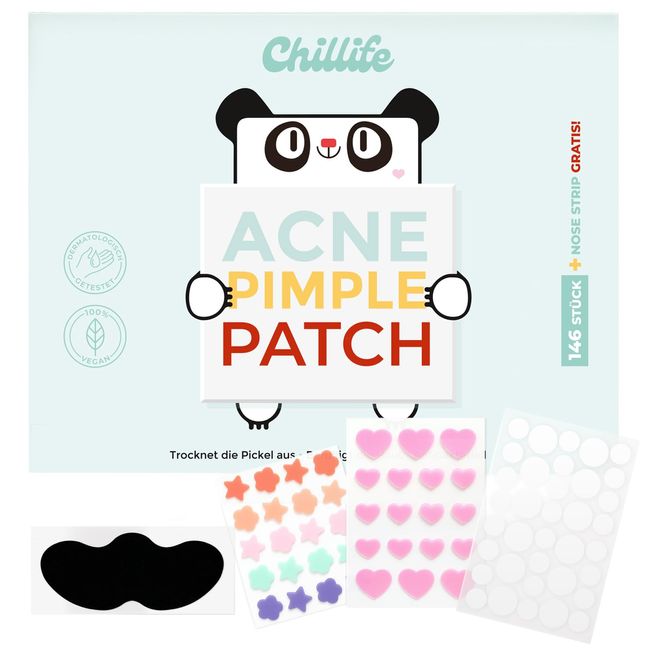 Chillife Pickel Patch Set inkl. Nosestrip | 146 Akne Pimple Patches, unsichtbare Acne Hydrokolloid Pickel Pflaster | Hautreinigung, Mitesserentferner, Pimple Patch für alle Hauttypen