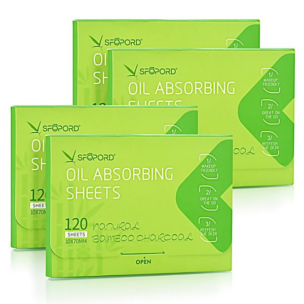 Oil Absorbing Sheets with Bamboo Charcoal - 4 Pack (480 sheets) Oil Blotting Sheets For Face, 20% More Makeup Friendly High-performance Handy Face Blotting Paper for Oily Skin