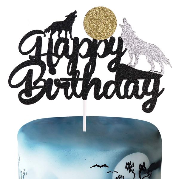Qerleny wolf cake topper wolf silhouette happy birthday cake decoration kids boys girls birthday party glitter black supplies decoration