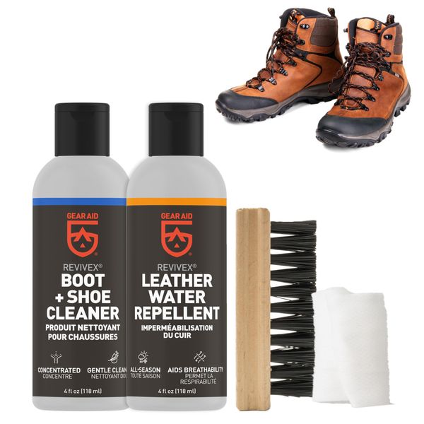 GEAR AID Revivex Leather Shoe and Boot Cleaner and Conditioning Kit, Restore Your Sneakers, Work and Hiking Boots, Includes Soap, Water Repellent, Brush to Remove Dirt, Cleaning Cloth, 1 Pack