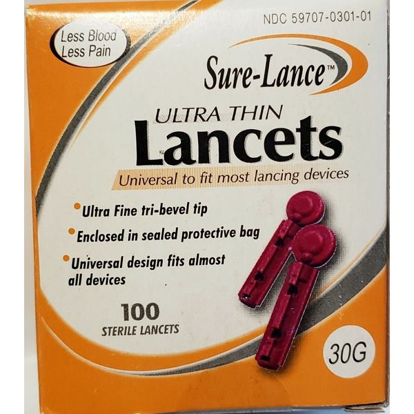 Sure Lance Lancets 30G - 100 Sterile Lancets - SEALED- Tri-Bevel Tip.