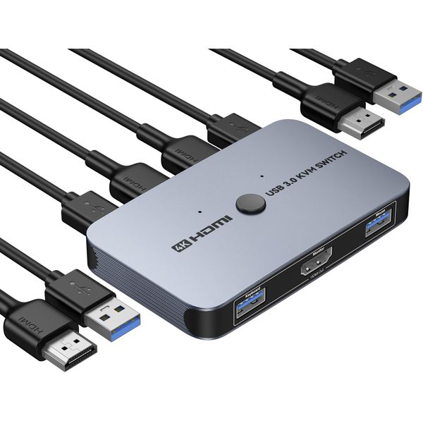 2023 KVM Switch, ABLEWE HDMI KVM Switch, 2 in 1 Output PC Switcher, 4K Resolution, HD Monitor, Mouse, Keyboard, Printer Sharing Switcher, Power Supply, Includes 2 USB Cables and 2 HDMI Cables