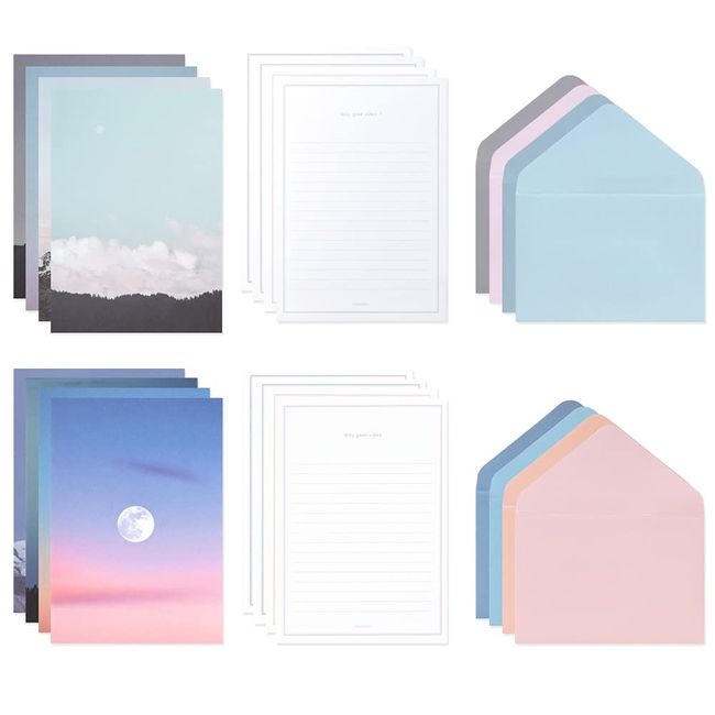 Monolike Photo, Moon Stationery + Envelopes, 8 Types - Photo, Moon Letter Paper Set, 32 Sheets of Stationery Paper + 16 Envelopes