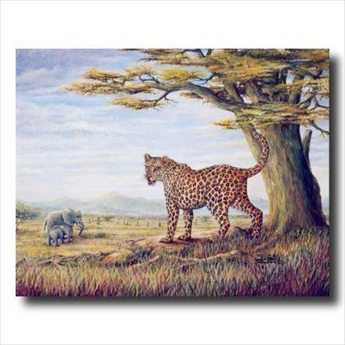 African Elephants Leopard Cat Animal Wildlife Wall Picture Art Print