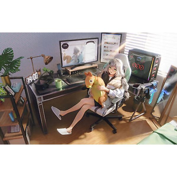 Anime girls green eyes silver hair sitting toys monitor Playmat Game Mat Desk