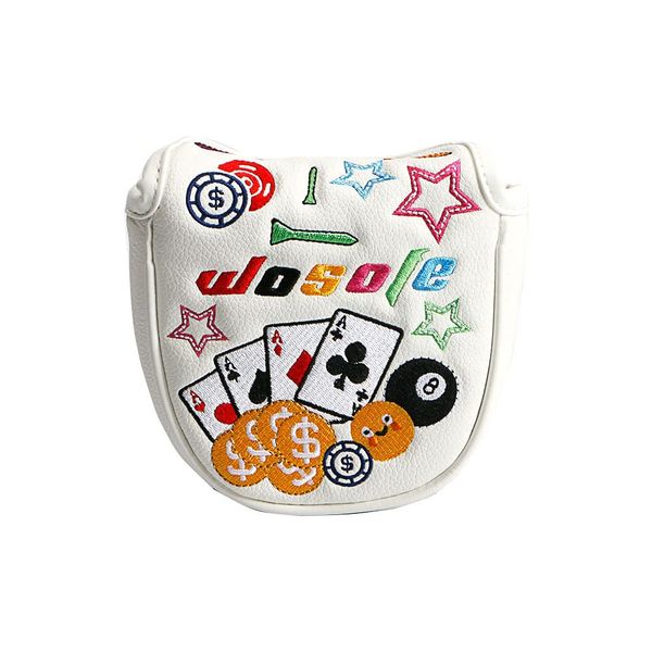 Golf Headcover Putter Cover Magnetic Closure Mallet Odyssey 2 Ball Tailor Made Spider Putter Playing Cards Embroidery (White)