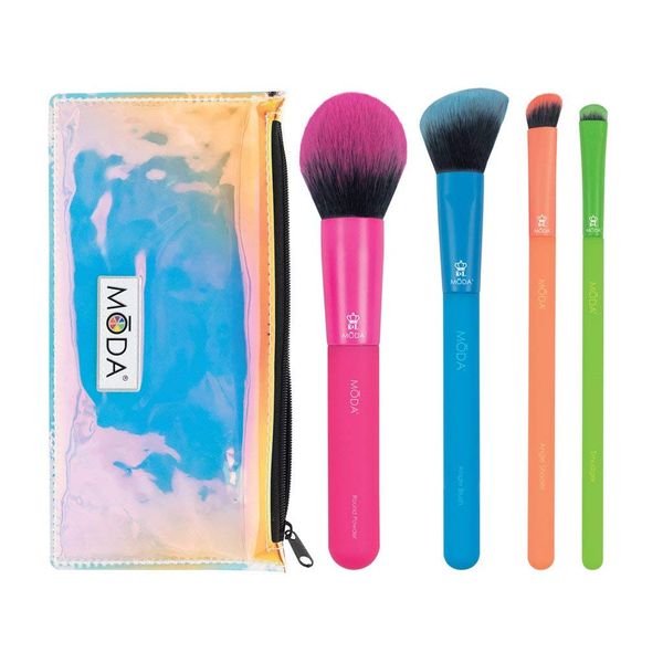 Moda Royal & Langnickel Full Size Electric 5pc Brush Set with Pouch, Includes - Round Powder, Angled Blush, Angled Shader and Smudger Brushes, Multicolor - Neon