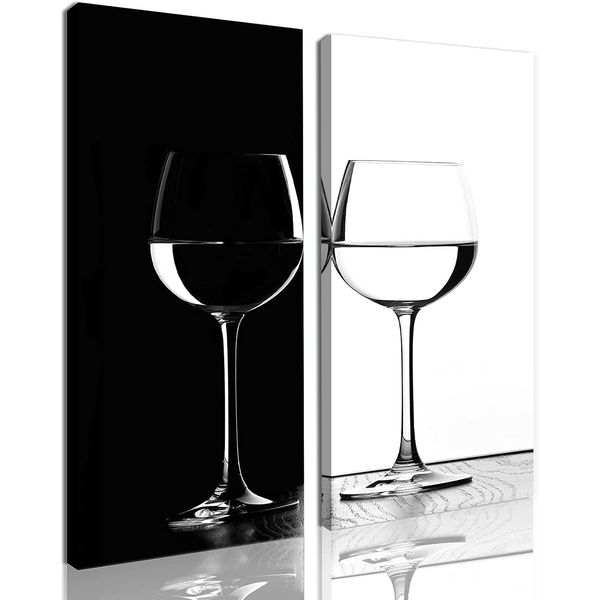 Kitchen Wall Art Wine Glass Pictures Black and White Wall Decor for Living Room Dining Room Bar Minimalist Artworks Wine Poster Office Bedroom Restaurant Canvas Painting Home Decorations 8x20" 2 Pcs