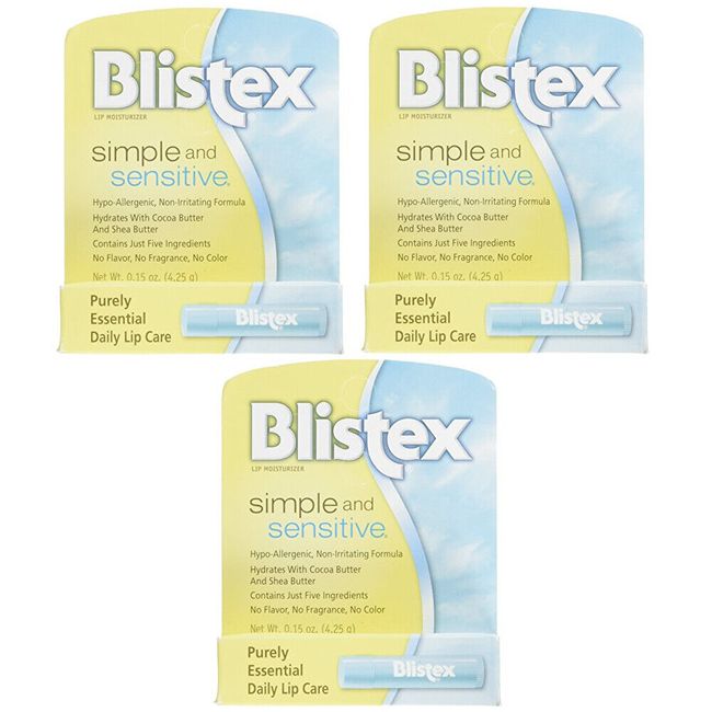 3 Pack Blistex Simple And Sensitive Lip Moisturizer 0.15 Oz Each