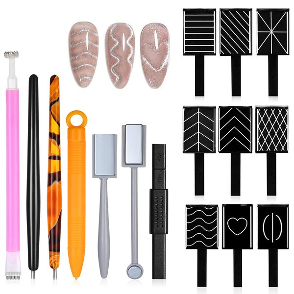 TAIHOBO 16PCS Nail Magnet Set, 3D Cat Eye Magnet for Nails, Portable Magnetic Nail Art Tools, DIY Magnet Stick Set, Use with Cat Eye Gel Nail Polish for Creating the Ideal Cat-eye Effect