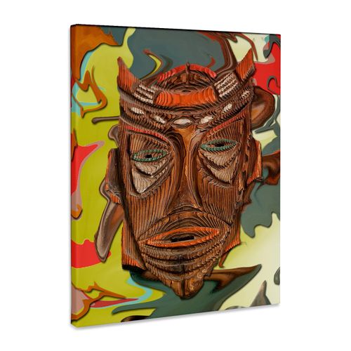 3dRose, A Wooden Mask of a Face with Orange and Green at a Mexican Restaurant with Abstract Background, Museum Grade Canvas Wrap 16x20
