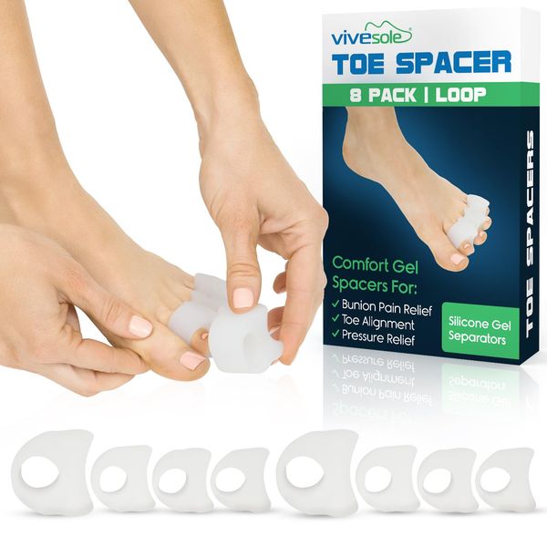 VIVEsole Bunion Toe Spacers (8 Pack) Gel Toe Separators for Men, Women - Big Toe Spreader Cushions for Pain Relief, Foot Care, Correct Bunions and Restore Toes to Their Original Shape