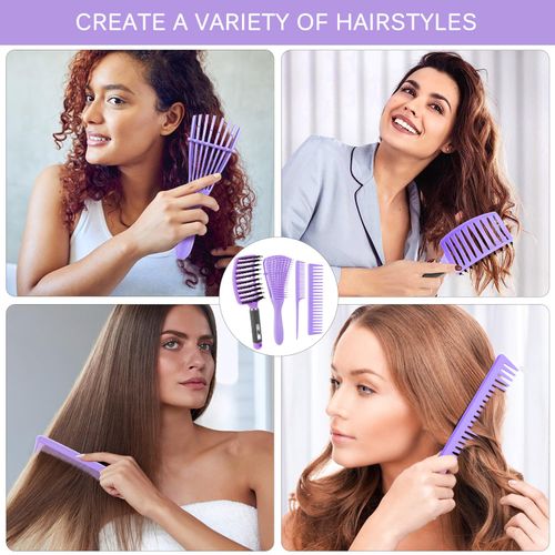 4pcs Curly Detangling Brush Set for Adult & Kids Wet or Dry, 3/4ABC Hair with Wide Tooth Comb (4, Purple)