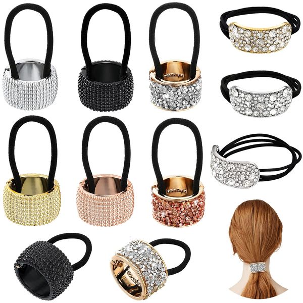 8 Pieces Rhinestone Hair Ponytail Holder Glitter Ponytail Accessories Large Pony Tail Holders Gothic Punk Elastic Hair Tie Band Plastic Metal Ponytail Holder Cuffs for Women Girls, Mixed Colors