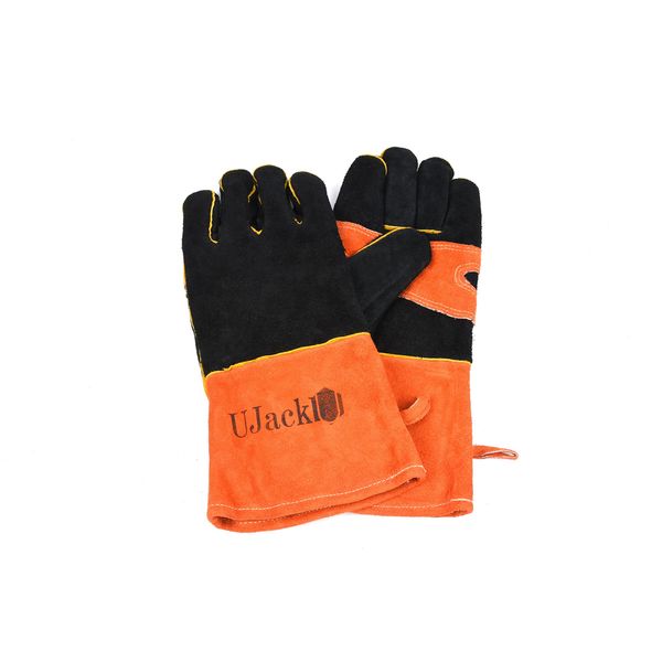 UJack Heat Resistant Camping Gloves Cowhide Leather Wood Stoves Dutch Oven and More