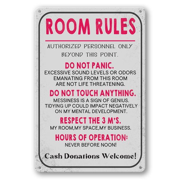 Room Rules Sign For Teen Girls Boy Bedroom/Gaming Room Door Decor Dorm Wall Accessories Cool Things, Funny Metal Tin Signs 12 X 8 In