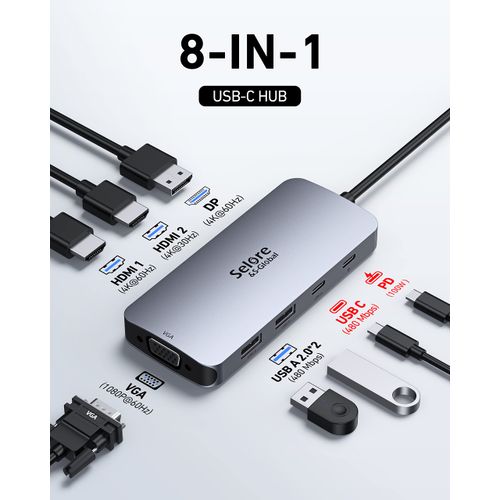 USB C Docking Station Dual HDMI Monitor Adapter, Selore USB C Hub 3 Monitors Adapter with Dual HDMI, Displayport, VGA, 100W PD Charging, 3USB 2.0 Ports Adapter for Dell XPS,HP, Lenovo,etc(Black)