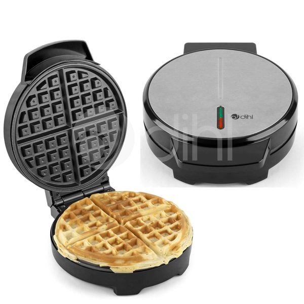 Dihl Electric Waffle Maker with Non Stick Plates, Single Round Belgium & American Style Waffle Iron, 1000W Temperature Control, Silver and Black