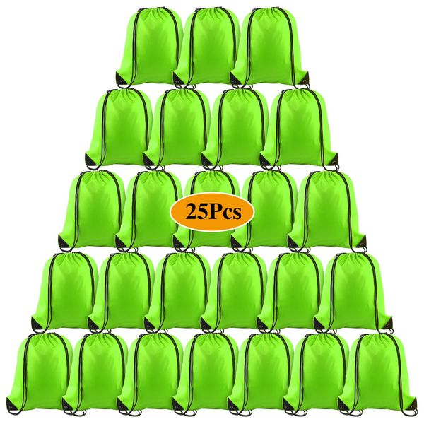 PLULON 25 Pcs Green Drawstring Backpack Bags Bulk String Backpack Cinch Sack Pull Sport Gym Backpack Bags for Yoga Traveling Outdoor Sports