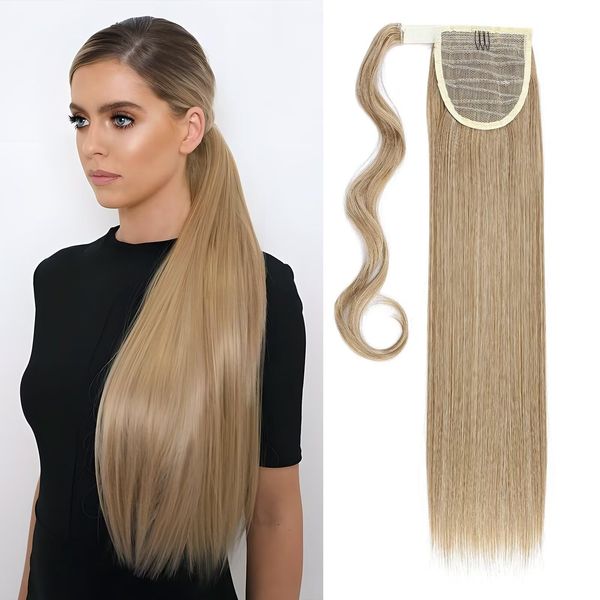 Silk-co Ponytail Hair Extension One Piece Clip in on Pony Tail Synthetic Straight Hairpieces 23inches Ash&Bleach Blond