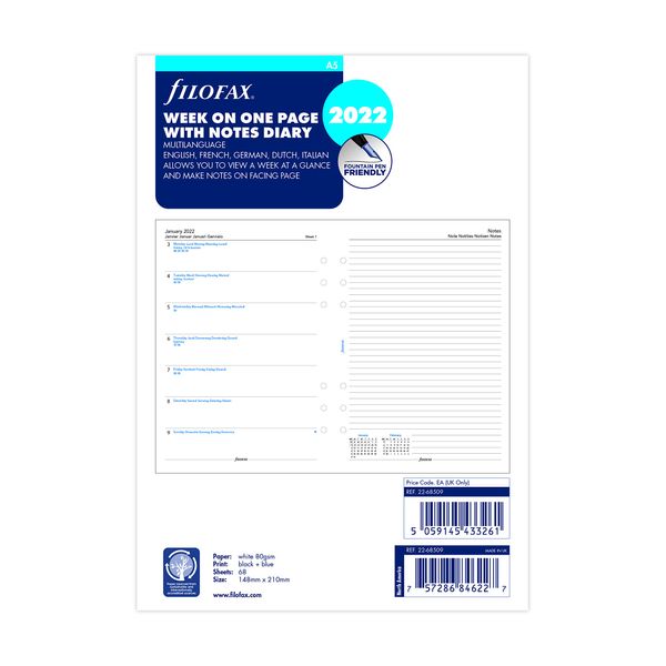 Filofax A5 week on one page with notes 2022 diary refill