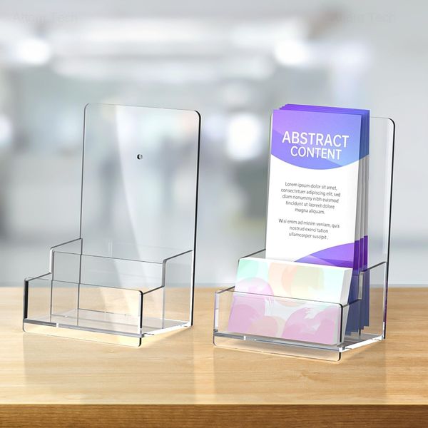 NiOffice 2 Pack Clear Acrylic Leaflet Holder, 1/3 A4 (DL Size) Leaflet Display Stand with Business Card Holder, Wall Mount or Countertop Brochure Dispenser for Pamphlets, Trifold, Menu, Booklets