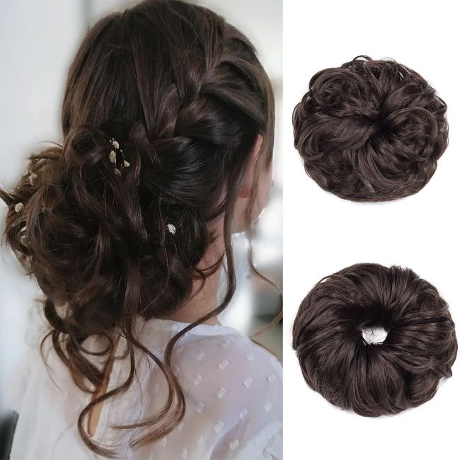 Gairyan Hair Scrunchies Hair Bun Hair Extensions Messy Bun Tousled Updo Curly Donut Hair Chignon Wavy Ponytail Hair Pieces for Women 40g (Medium Brown)