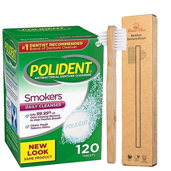 Denture Cleaning Tablets Smokers 120 Bundle with Dentu-Care Bamboo Denture Brush Specifically Designed to Gently Clean Hard to Reach Areas for Full Partial Dentures