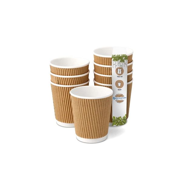 BIOZOYG 100 Stück Kaffeebecher isolierte Pappbecher 100ml / 4 oz Ø 62 mm weiß/braun - geriffelt plastikfrei nachhaltige Materialien - Einwegbecher Glühweinbecher