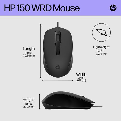 HP 150 Mouse (Wired Mouse, up to 1600 DPI, Right Handed Mouse, Left-Handed Mouse) Black