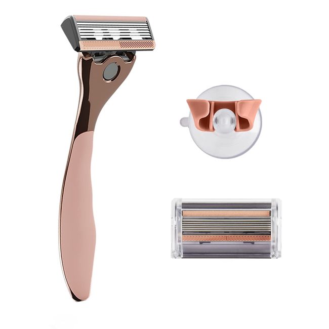 FFS Beauty Women’s Razor Kit - Premium Rose Handle, 2 Sharp and Durable 6-Blade Vegan Razor Cartridges & Matching Shower Holder