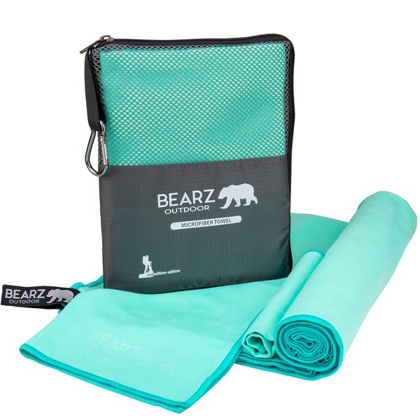 BEARZ Outdoor Microfibre Towel Set (120 x 60 cm & Small Face Towel) - Lightweight Beach Towel, Quick-Drying Travel Towel, Sports Towel - Microfibre Towels for Camping Fitness, Mint Green