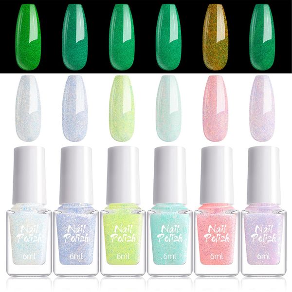 Glitter Nail Varnish Sets, 6PCS Pink White Shimmer Nail Polish Quick Dry Long Lasting, Luminous Nail Polish Sets for Women, Reflective Nail Polish Gel No Need UV Nail Paint for DIY Nail Art