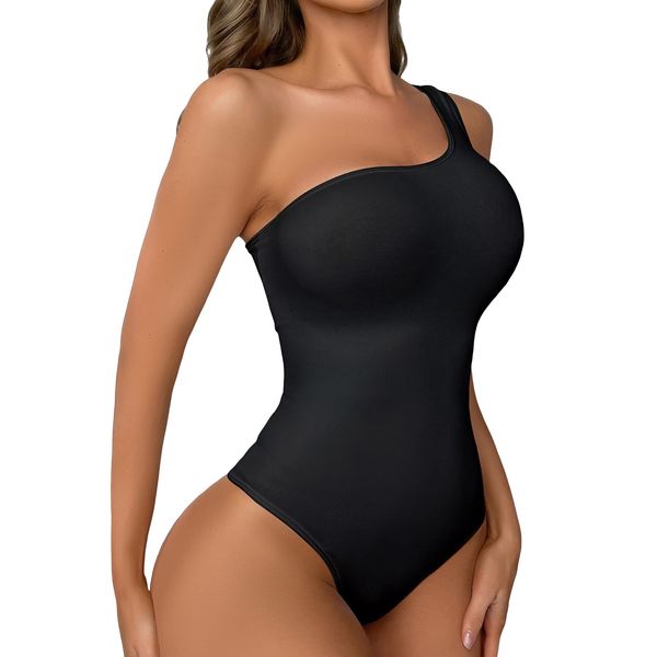 SOLY HUX Bodysuit for Women One Shoulder Tummy Control Shapewear Seamless Thong Body Shaper Solid Black L