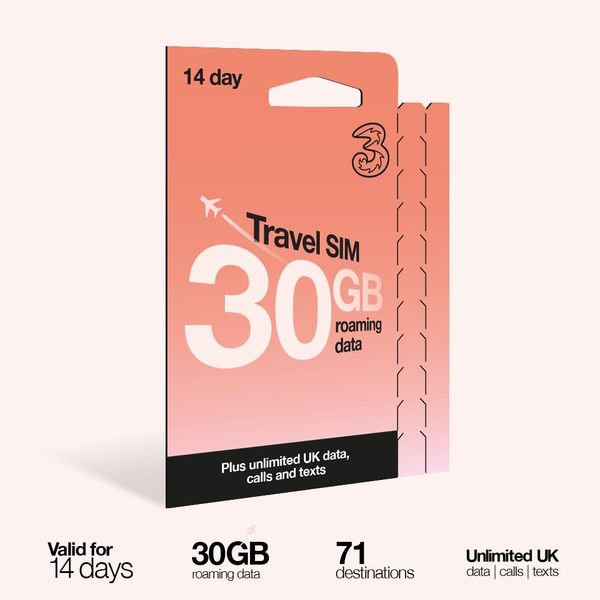 Three 7 Day Travel Sim, Unlimited Voice with 30GB Data Roaming